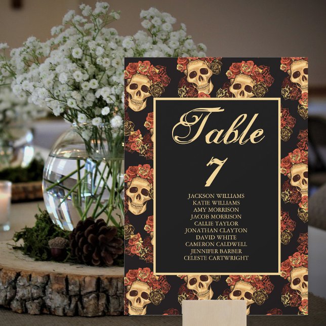 Gothic Skull Wedding Names Black Table Number Card (Creator Uploaded)