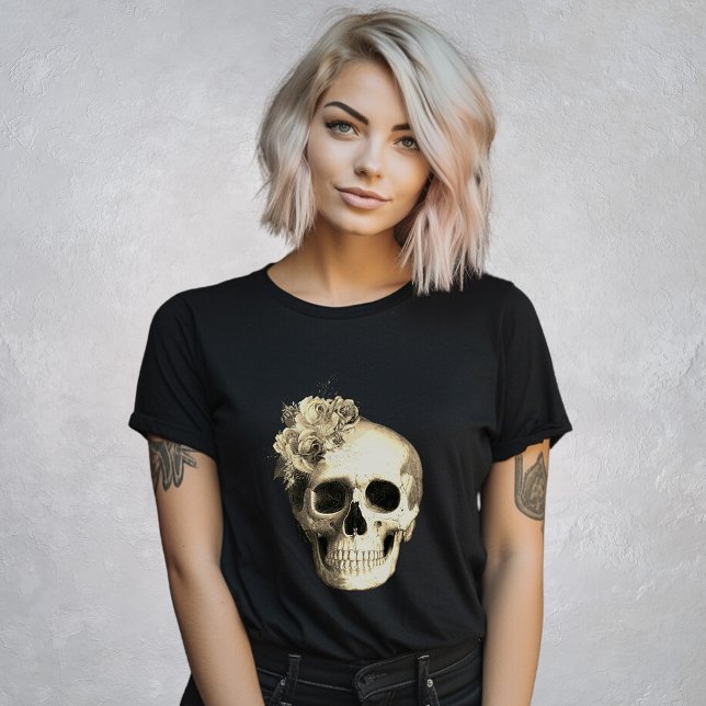 Gothic Skull White Roses Black T-Shirt (Creator Uploaded)