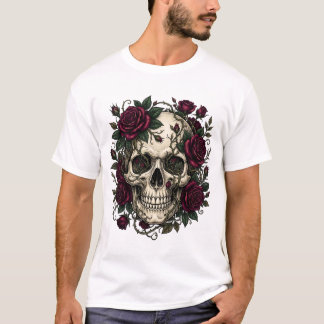 Gothic Skull with Dark Red Roses and Thorns Tattoo T-Shirt