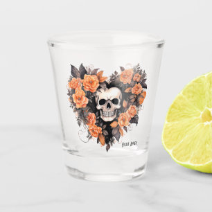 Gothic Skull with Floral Orange & Black Heart Shot Glass