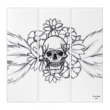 gothic skull with flowers death drawing white