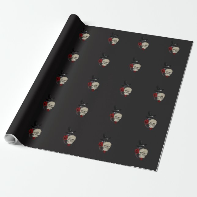 Gothic Skull With Rose and Raven Wrapping Paper (Unrolled)