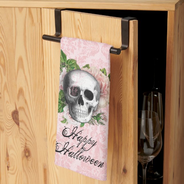 Gothic Skull with Roses Halloween Tea Towel (Thirds Fold)