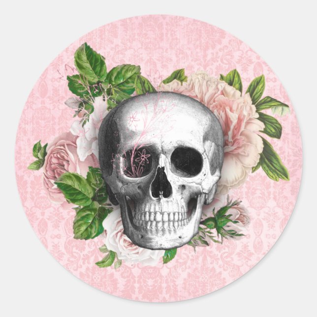 Gothic Skull with Roses | Pink Halloween Classic Round Sticker (Front)