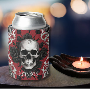 Gothic Skulls and Black Roses Monogram Can Cooler