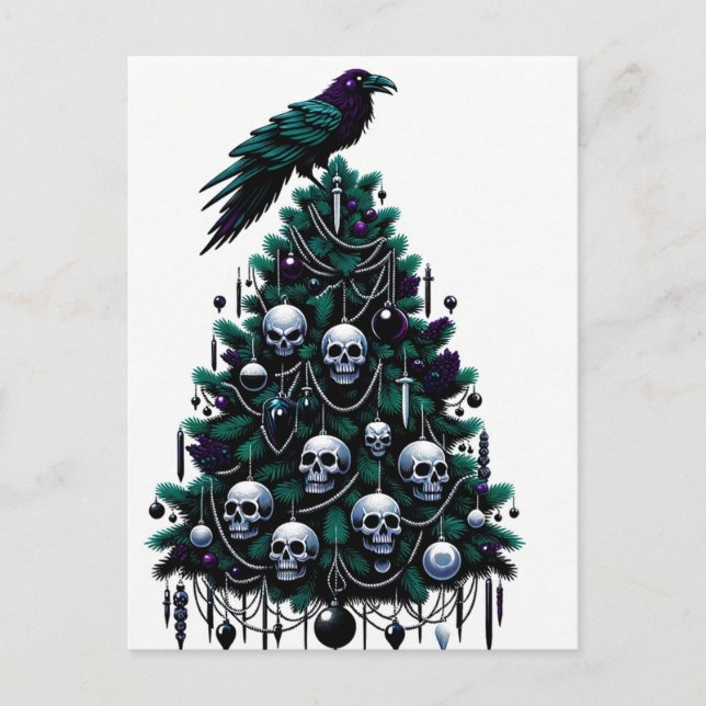 Gothic Skulls and Raven Christmas Tree Postcard (Front)