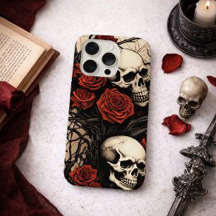 Gothic Skulls and Red Roses iPhone 15 Pro Case