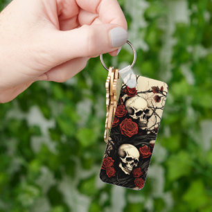 Gothic Skulls and Red Roses Key Ring