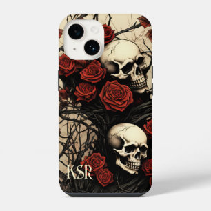 Gothic Skulls and Red Roses Monogram iPhone 14 Case