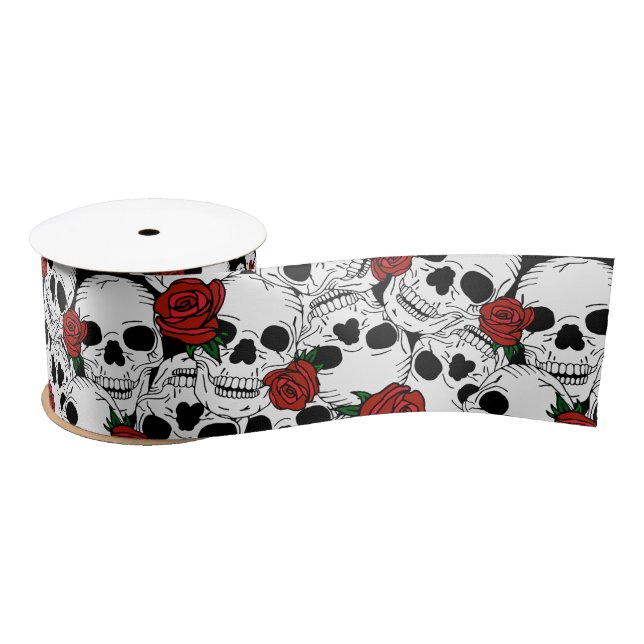 Gothic Skulls and Red Roses Patterned Satin Ribbon (Spool)