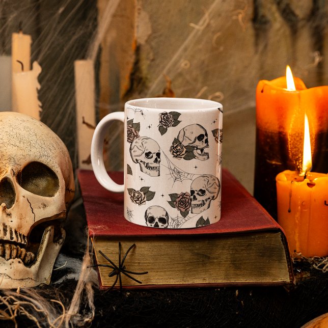 Gothic Skulls and Roses Halloween  Coffee Mug (Elegant Gothic Halloween Floral Skull Mug with Hand Drawn Skulls, Pink & Cream Roses and Spiderwebs.)