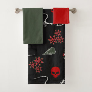 Gothic Skulls and Roses Halloween Pattern Bath Towel Set