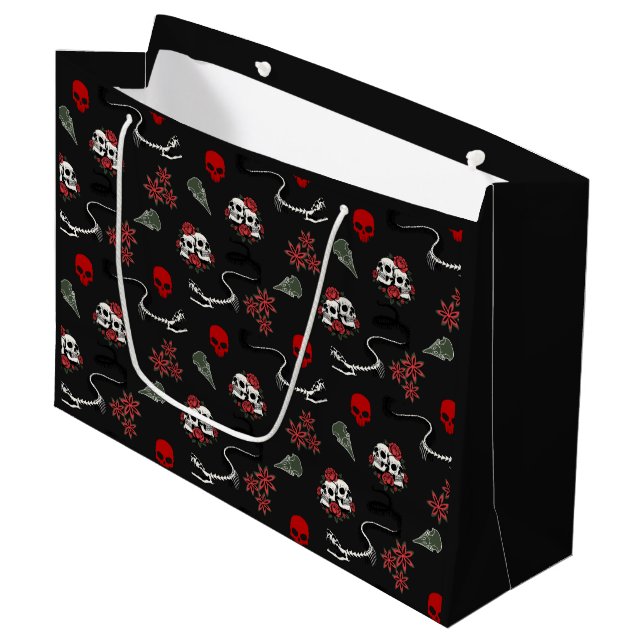 Gothic Skulls and Roses Halloween Pattern Large Gift Bag (Front Angled)
