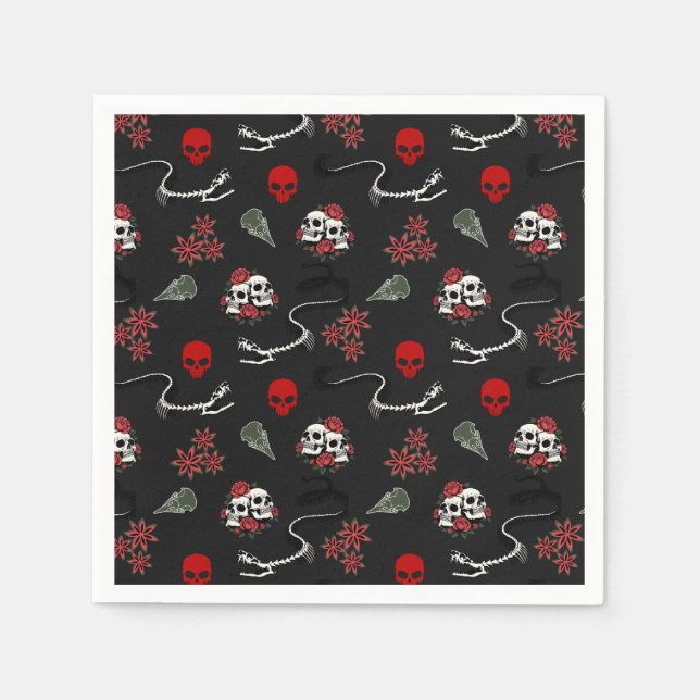 Gothic Skulls and Roses Halloween Pattern Napkin (Front)