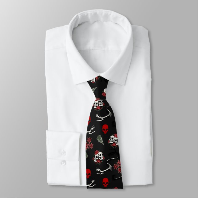 Gothic Skulls and Roses Halloween Pattern Tie (Tied)