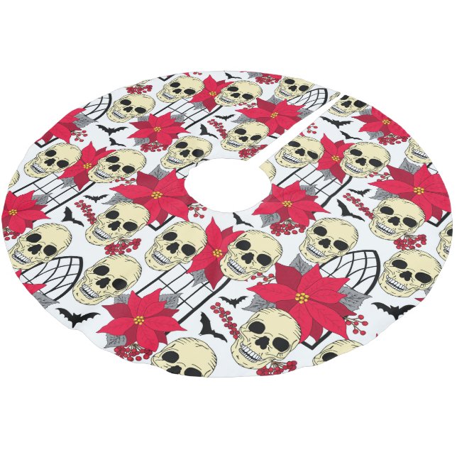 Gothic Skulls Bats and Flowers Goth Brushed Polyester Tree Skirt (Angled)