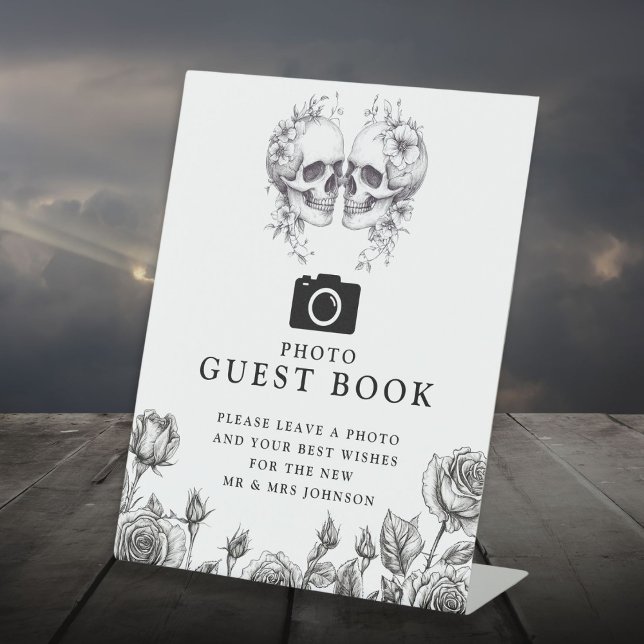 Gothic Skulls Black And White Photo Guest Book Pedestal Sign (Gothic Skulls Black And White Photo Guest Book Pedestal Sign)