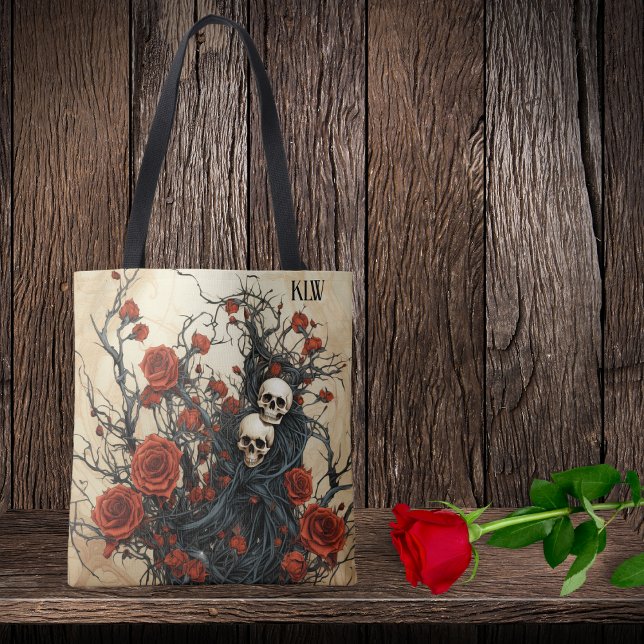 Gothic Skulls, Black Vines and Red Roses Monogram  Tote Bag (Creator Uploaded)
