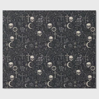 Gothic Skulls Crosses Crescent Moon Pattern Wrapping Paper