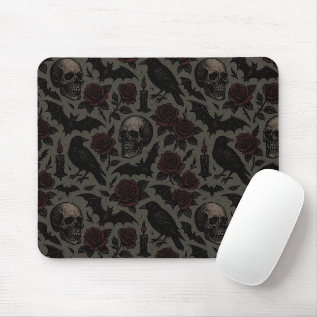 Gothic Skulls, Crows & Roses Pattern Mouse Pad (With Mouse)