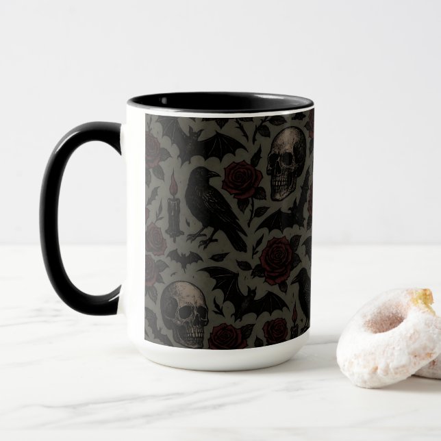Gothic Skulls, Crows & Roses Pattern Mug (With Donut)
