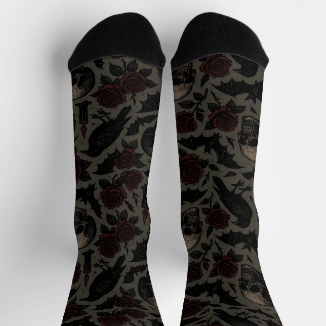 Gothic Skulls, Crows & Roses Pattern Socks (Top)