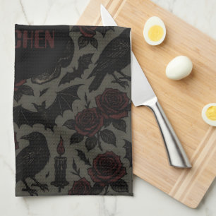 Gothic Skulls, Crows & Roses Pattern Tea Towel