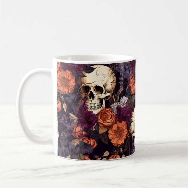 Gothic Skulls Fall Florals Dark Halloween Coffee Mug (Left)