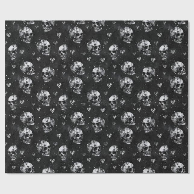 Gothic Skulls & Hearts Black Wrapping Paper (Flat)