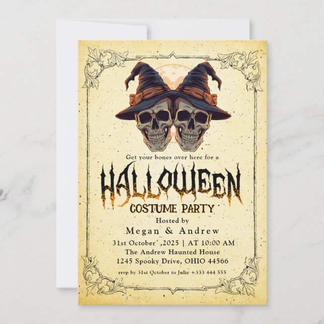 Gothic Skulls in Hats Halloween Costume Party Invitation (Front)