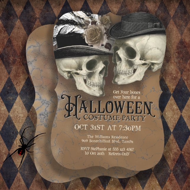 Gothic Skulls in Hats Halloween Costume Party Invitation (Plan an epic haunted house Halloween Party with this gothic skulls party invitation.)
