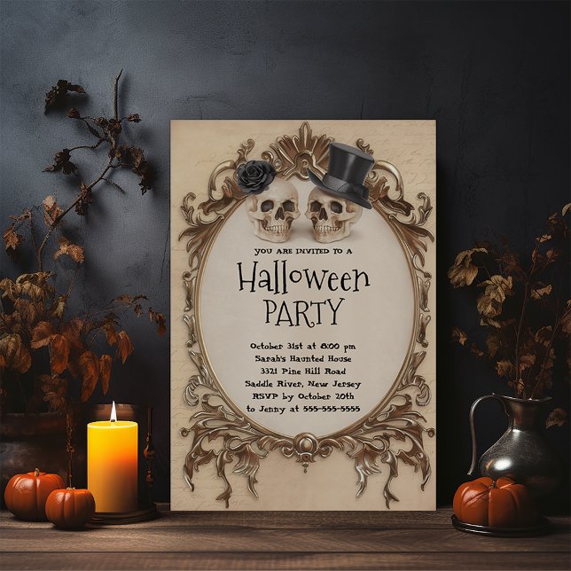 Gothic Skulls in Hats Halloween Party Invitation (Creator Uploaded)
