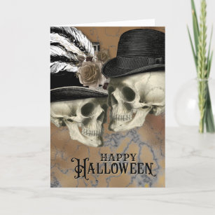 Gothic Skulls in Hats Vintage Halloween Holiday Card