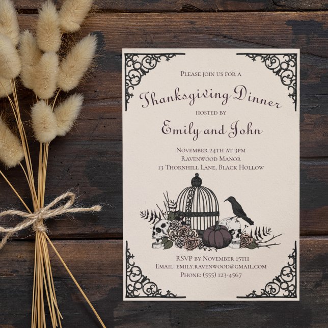 Gothic Skulls, Pumpkin & Fall Leaves Thanksgiving  Invitation (Gothic Thanksgiving Dinner Party Invitation. Hand-Drawn Skull, Roses, Black Raven, Birdcage, Pumpkin)