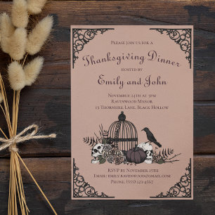 Gothic Skulls, Pumpkin & Fall Leaves Thanksgiving  Invitation