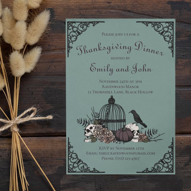 Gothic Skulls, Pumpkin & Fall Leaves Thanksgiving  Invitation (Elegant Gothic Dinner Invitation in Teal. Skull, Roses, Leaves, Black Raven, Birdcage, Iron Corners)