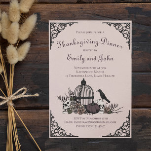 Gothic Skulls, Pumpkin & Fall Leaves Thanksgiving Invitation