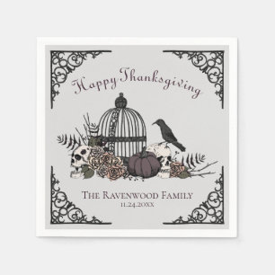 Gothic Skulls, Pumpkin & Fall Leaves Thanksgiving Napkin