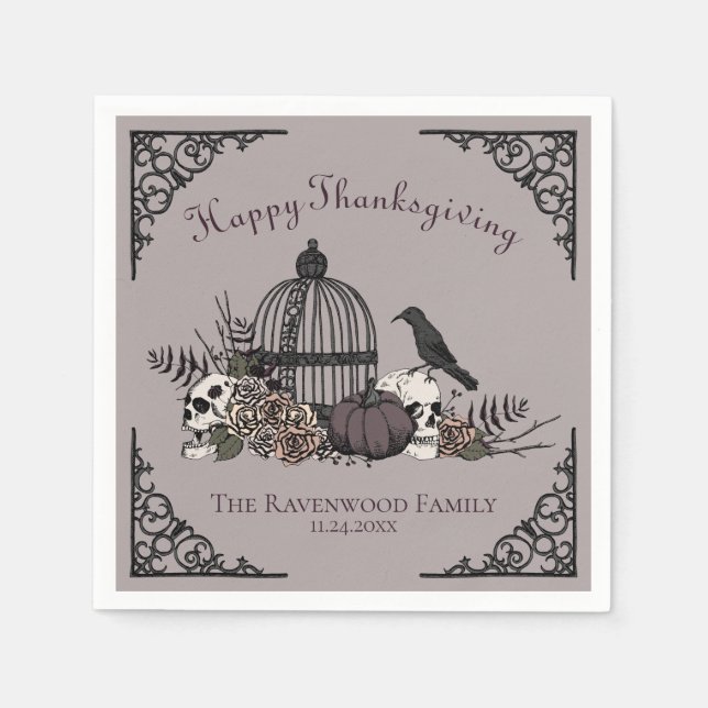 Gothic Skulls, Pumpkin & Fall Leaves Thanksgiving  Napkin (Front)