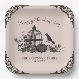 Gothic Skulls, Pumpkin & Fall Leaves Thanksgiving Paper Plate