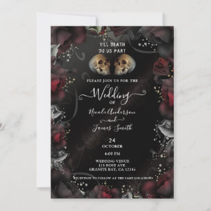 Gothic Skulls Red Black Roses Halloween Wedding  Invitation