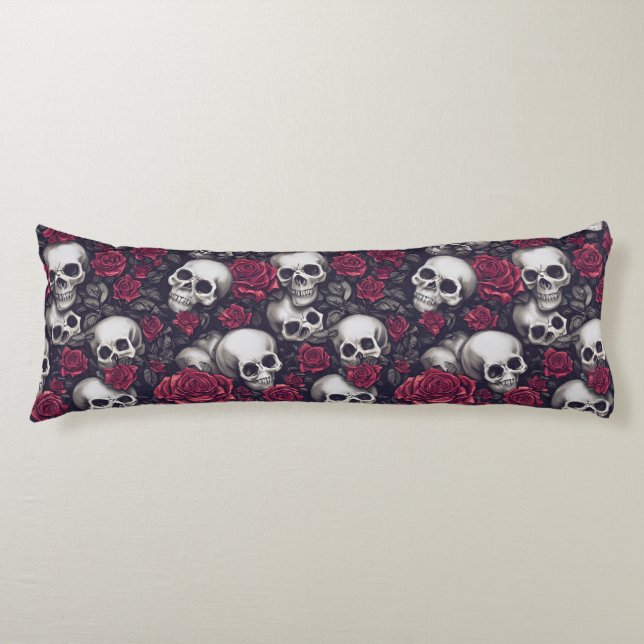 Gothic Skulls & Red Roses Pattern Body Cushion (Front)