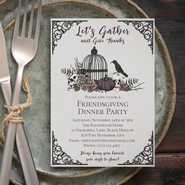 Gothic Skulls & Roses Give Thanks Friendsgiving Invitation (Gothic Friendsgiving Dinner Gray Invite. Hand-Drawn Skulls, Roses, Birdcage, Pumpkin & Fall Leaves)