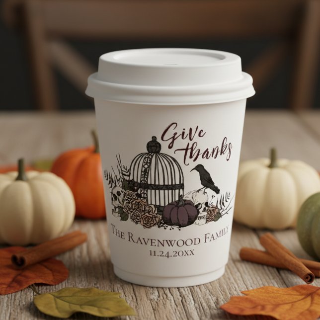 Gothic Skulls & Roses Give Thanks Friendsgiving Paper Cups (Fall Party White Give Thanks Gothic Thanksgiving Paper Cups. Vintage Skull, Birdcage, Pumpkin & Rose)
