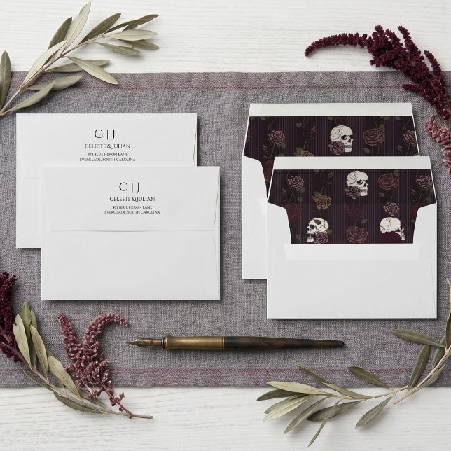 Gothic Skulls Roses Maroon Grey Wedding Envelope (Gothic Light Gray Envelope features hand-drawn skulls and moody maroon roses in a whimsigoth style)
