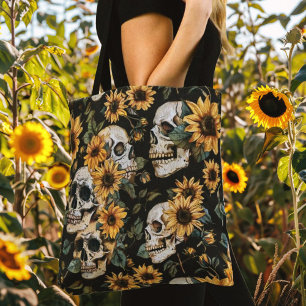 Gothic Skulls & Sunflowers Dark Floral Tote Bag