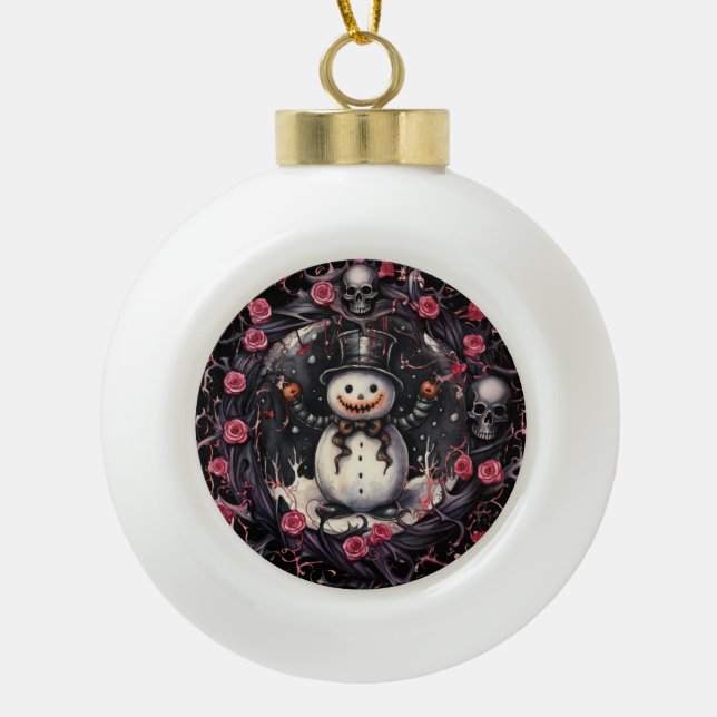 Gothic Snowman Skulls and Roses Ceramic Ball Christmas Ornament (Front)