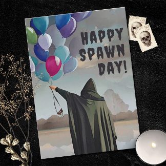 Gothic Spawnday Balloons & Dark Clouds Birthday Card