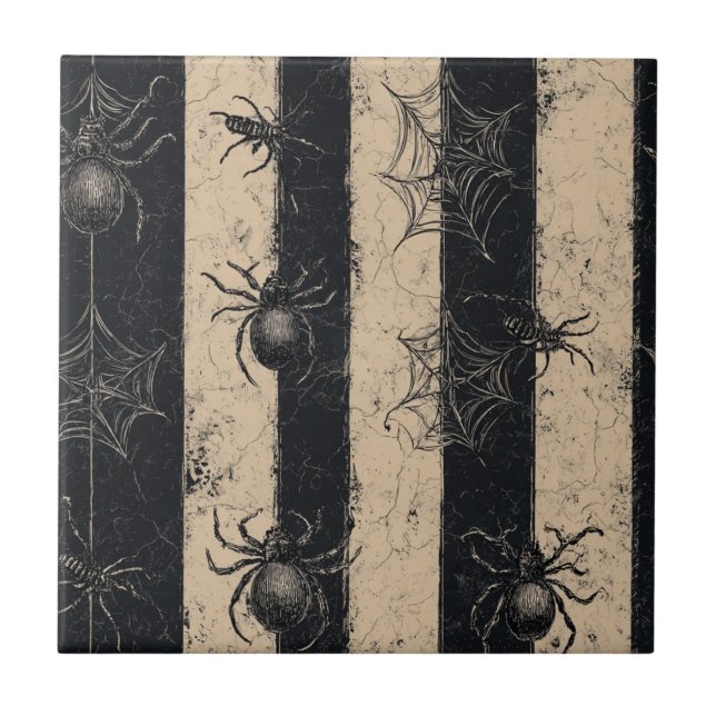 Gothic Spider and Web Striped Halloween Pattern Ceramic Tile (Front)