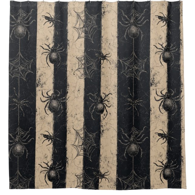 Gothic Spider and Web Striped Halloween Pattern Shower Curtain (Front)